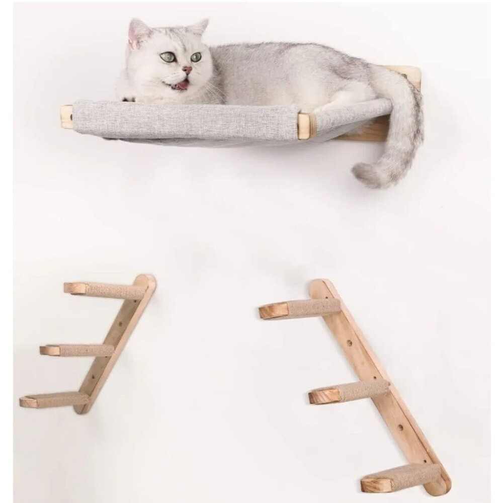 Cat Wall Furniture Set Padded Hammock Bed & Climber Steps Mentally Stimulating